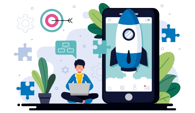 Illustration of a rocket launching from a smartphone with a person working on a laptop.