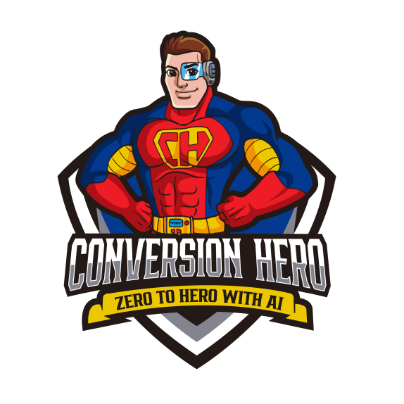 Logo featuring a superhero character with a blue and red costume and the text 'Conversion Hero'.